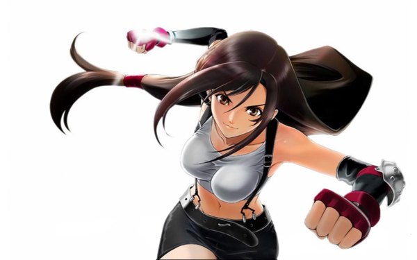 Anime picture 1280x800 with final fantasy final fantasy vii square enix tifa lockhart shirotsumekusa single long hair breasts light erotic wide image attack skirt gloves navel miniskirt elbow gloves fingerless gloves crop top suspenders tank top