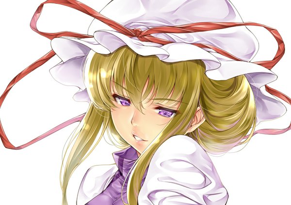 Anime picture 1000x707 with touhou yakumo yukari saburou (hgmg) single short hair simple background blonde hair white background purple eyes looking away alternate hairstyle hair up girl dress bonnet