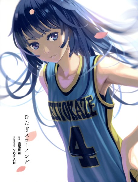 Anime picture 2859x3755 with bakemonogatari shaft (studio) monogatari (series) senjougahara hitagi vofan single long hair tall image looking at viewer highres blue eyes blue hair wind scan official art hand on hip text girl uniform petals