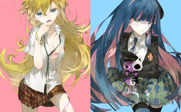 Anime picture 1300x805 with panty & stocking with garterbelt anarchy stocking anarchy panty honekoneko yuuya (pixiv1797060) long hair looking at viewer fringe light erotic blonde hair wide image multiple girls blue hair pink hair multicolored hair aqua eyes two-tone hair finger to mouth plaid skirt blue background
