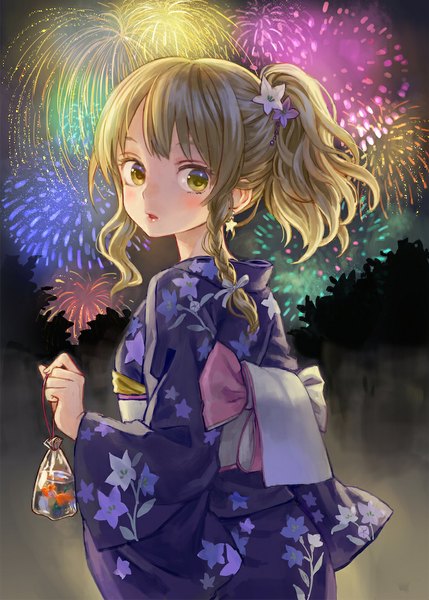 Anime picture 794x1109 with touhou kirisame marisa ama-tou single long hair tall image looking at viewer blush open mouth blonde hair yellow eyes ponytail braid (braids) traditional clothes japanese clothes looking back alternate costume alternate hairstyle fireworks girl