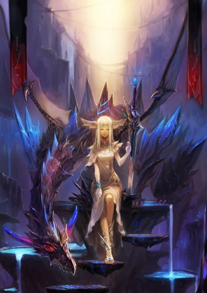 Anime picture 706x1000 with original holysnow long hair tall image looking at viewer fringe smile red eyes sitting white hair sunlight fantasy head wings white wings girl dress gloves weapon wings water