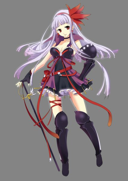 Anime picture 708x1000 with original hiiro (kikokico) single long hair tall image simple background red eyes silver hair grey background hand on hip girl dress ribbon (ribbons) weapon sword boots hairband