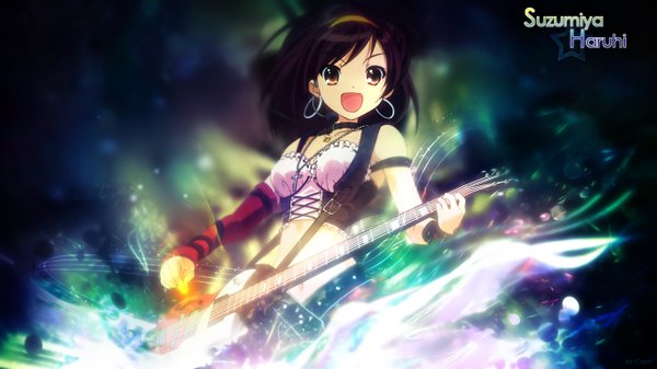 Anime picture 1366x768 with suzumiya haruhi no yuutsu kyoto animation suzumiya haruhi wide image girl guitar