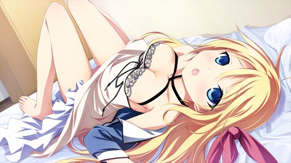 Anime picture 1280x720 with material brave giga ougi kanae kikuchi seiji long hair breasts open mouth blue eyes light erotic blonde hair wide image game cg cleavage lying on back girl dress