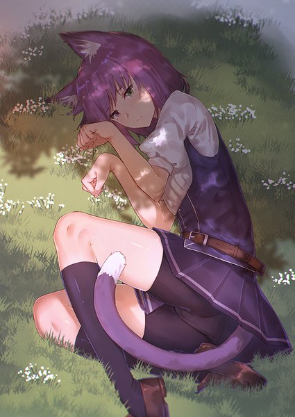 Anime picture 724x1023 with original ibuki notsu single tall image looking at viewer blush fringe short hair light erotic purple eyes green eyes animal ears purple hair outdoors tail lying animal tail pleated skirt light smile cat ears