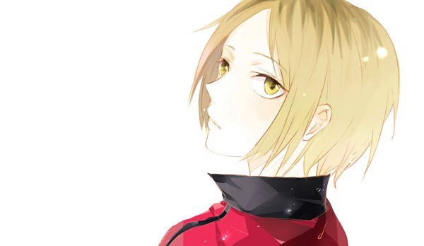 Anime picture 1000x580 with haikyuu!! production i.g kozume kenma wonkrin single looking at viewer short hair simple background blonde hair wide image white background yellow eyes looking back boy uniform gym uniform