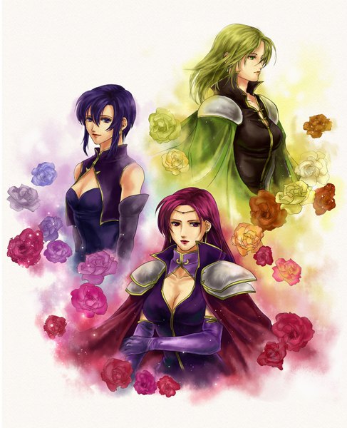 Anime picture 1300x1600 with fire emblem fire emblem: the blazing blade fire emblem: the binding blade fire emblem: the sacred stones nintendo brunya ursula (fire emblem) celina (fire emblem) mer ric long hair tall image red eyes purple eyes bare shoulders multiple girls green eyes purple hair red hair green hair girl