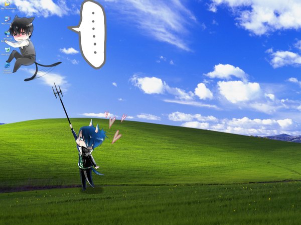 Anime picture 1600x1200 with katekyou hitman reborn windows (operating system) hibari kyouya rokudo mukuro short hair black hair animal ears blue hair cloud (clouds) animal tail chibi field boy weapon choker trident