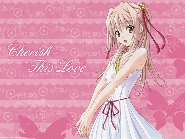 Anime picture 1024x768 with memories off hanamatsuri karin single long hair fringe open mouth standing bare shoulders brown eyes payot pink hair inscription happy hands clasped interlocked fingers girl dress ribbon (ribbons) hair ribbon white dress