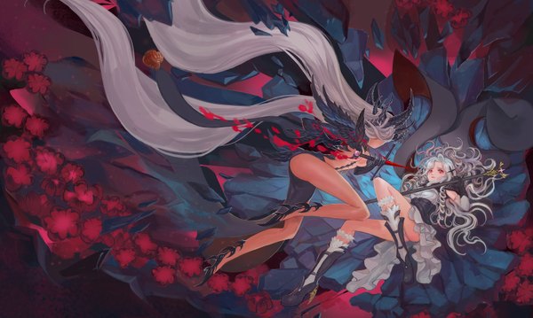 Anime picture 3082x1846 with original pixiv fantasia pixiv fantasia fallen kings quaanqin long hair highres red eyes wide image multiple girls silver hair white hair horn (horns) battle girl dress flower (flowers) weapon 2 girls sword boots