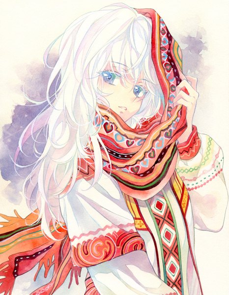 Anime picture 1200x1544 with original agahari single long hair tall image looking at viewer blush fringe open mouth blue eyes white hair traditional clothes girl scarf