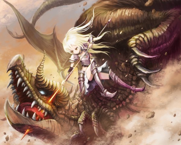 Anime picture 1500x1200 with original ume (illegal bible) long hair blonde hair brown eyes battle girl armor dragon spear