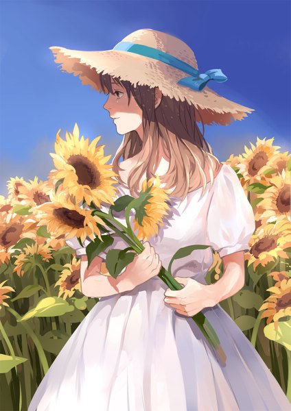 Anime picture 1061x1500 with original pixiv yu (kongxiang) single long hair tall image brown hair brown eyes sky field girl dress flower (flowers) ribbon (ribbons) hat white dress straw hat sunflower