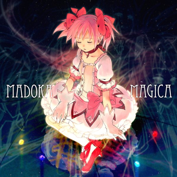 Anime picture 992x992 with mahou shoujo madoka magica shaft (studio) kaname madoka kaisen single short hair sitting twintails pink hair full body eyes closed from above copyright name short twintails magical girl girl dress gloves bow hair bow