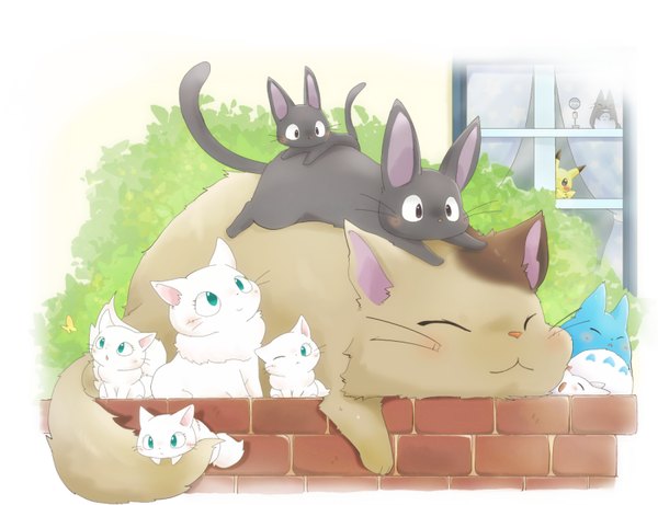 Anime picture 800x615 with pokemon tonari no totoro kiki's delivery service the cat returns nintendo studio ghibli pikachu totoro jiji chibi totoro ushiinu blush smile sitting looking away outdoors tail lying eyes closed aqua eyes