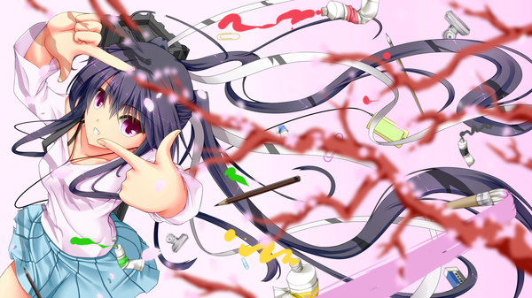 Anime picture 1920x1080 with original shouyan single looking at viewer highres black hair wide image purple eyes twintails very long hair pleated skirt girl skirt ribbon (ribbons) hair ribbon shirt branch wire (wires) paintbrush pencil