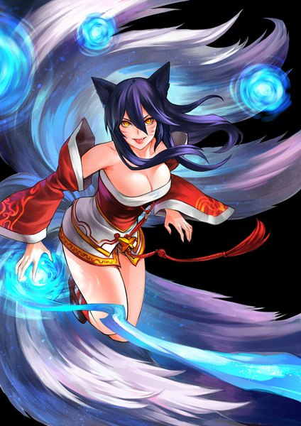 Anime picture 706x1000 with league of legends ahri (league of legends) asuka111 single long hair tall image looking at viewer breasts light erotic smile animal ears purple hair tail traditional clothes animal tail orange eyes fox ears magic facial mark fox tail