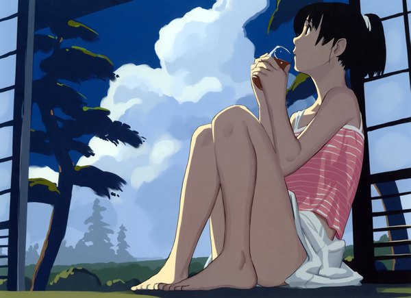 Anime picture 3390x2460 with mizu no kakera girls museum (artbook) takamichi single highres short hair open mouth black hair bare shoulders looking away sky cloud (clouds) ponytail barefoot black eyes legs drinking girl plant (plants) tree (trees)