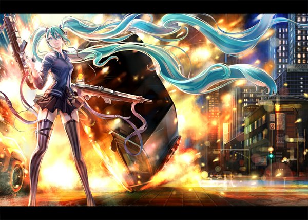 Anime picture 1100x786 with vocaloid hatsune miku necco (artist) single blue eyes twintails very long hair aqua hair city explosion girl thighhighs weapon black thighhighs miniskirt shirt headphones gun ground vehicle fire