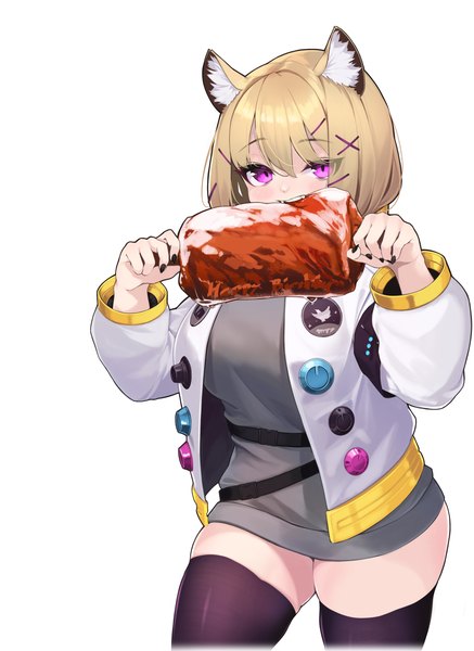 Anime picture 1871x2566 with arknights utage (arknights) mari0ball single tall image highres short hair light erotic simple background blonde hair white background purple eyes animal ears open jacket zettai ryouiki eating girl thighhighs hair ornament black thighhighs