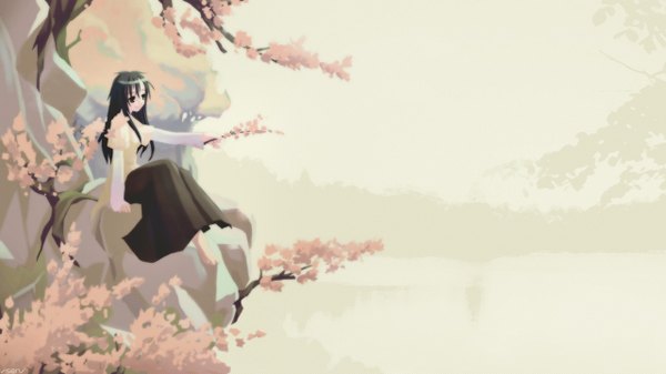 Anime picture 1280x720 with tagme (artist) single long hair black hair smile wide image white background holding barefoot cherry blossoms rock girl branch