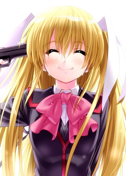 Anime picture 900x1262 with little busters! key (studio) tokido saya zen (kamuro) single long hair tall image blush blonde hair smile twintails eyes closed tears ^ ^ crying suicide girl uniform ribbon (ribbons) weapon