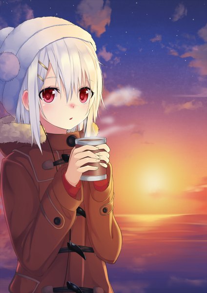 Anime picture 1300x1838 with original shigi (shigi 4) single tall image looking at viewer short hair red eyes sky cloud (clouds) white hair evening sunset girl coat cap