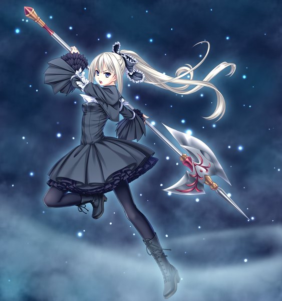 Anime picture 1024x1092 with sousouki reginald single long hair tall image open mouth blue eyes game cg white hair ponytail girl dress weapon boots frills