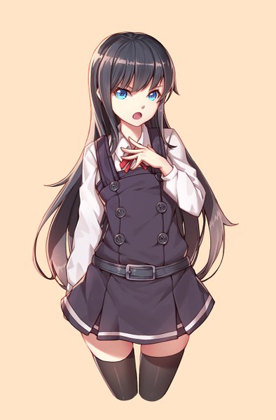Anime picture 789x1200 with kantai collection asashio destroyer nian (zhanian) single long hair tall image fringe open mouth blue eyes black hair simple background looking away long sleeves :o zettai ryouiki thigh gap hand on chest arm behind back orange background >:o