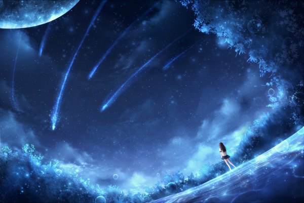 Anime picture 2090x1400 with original czy single long hair highres brown hair looking away sky outdoors from behind night bare legs sparkle dutch angle night sky glowing landscape shooting star meteor rain girl