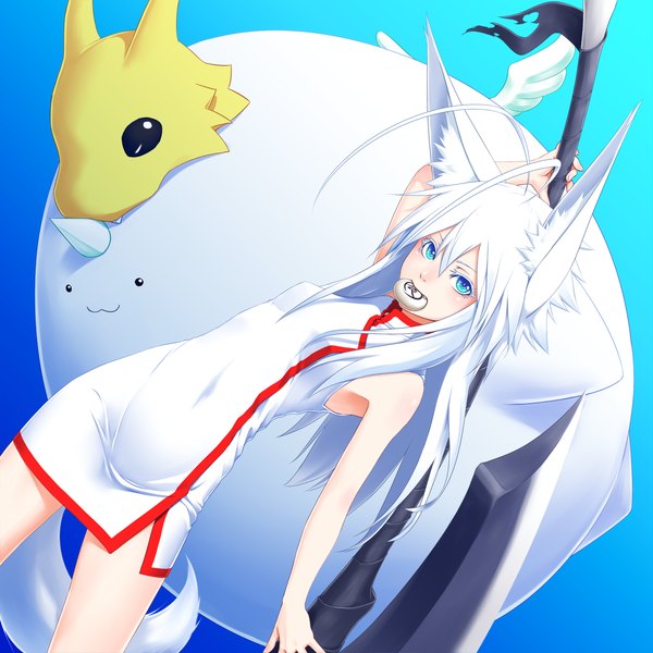 Anime picture 1500x1500 with original mitsuha (kenntairui) kentairui single long hair blue eyes animal ears white hair animal tail mouth hold chinese clothes blue background girl weapon chinese dress