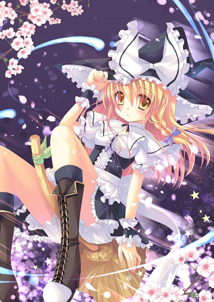 Anime picture 829x1168 with touhou kirisame marisa sousouman single long hair tall image blush blonde hair yellow eyes braid (braids) cherry blossoms witch girl dress flower (flowers) bow plant (plants) hair bow petals tree (trees)