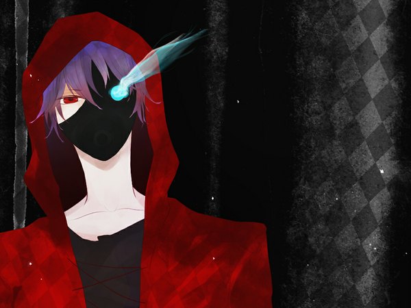 Anime picture 1024x768 with nico nico singer nico nico douga fukuwa heki hara single short hair red eyes purple hair glowing glowing eye (eyes) boy hood hoodie gas mask