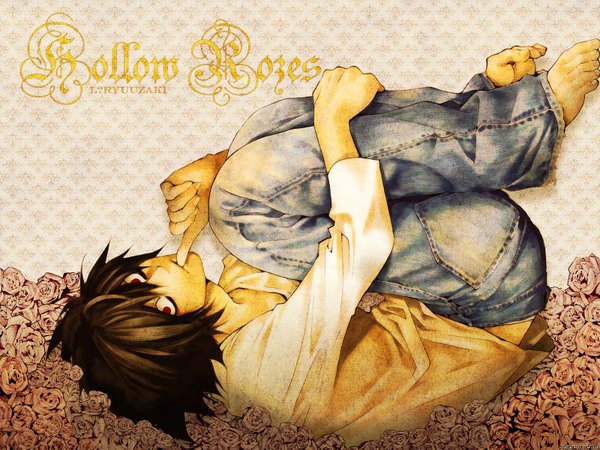 Anime picture 1600x1200 with death note madhouse l (death note) single short hair black hair red eyes lying looking back barefoot inscription finger to mouth leg hug boy flower (flowers) rose (roses)