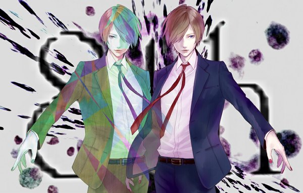 Anime picture 1000x637 with original hanaen looking at viewer fringe short hair blue eyes brown hair standing purple eyes nail polish multicolored hair hair over one eye open clothes open jacket multiple boys dual persona boy shirt necktie belt