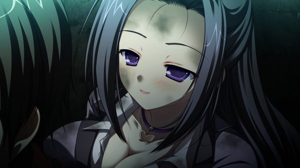 Anime picture 1280x720 with root double fsubakiyama ena long hair blush black hair wide image purple eyes game cg girl
