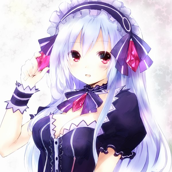 Anime picture 1200x1200 with fairy fencer f tiara (fairy fencer f) shado ne single long hair looking at viewer blush fringe breasts open mouth hair between eyes red eyes cleavage silver hair upper body puffy sleeves portrait girl choker frills