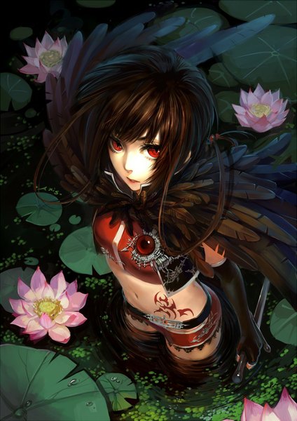 Anime picture 636x900 with axis (artist) single long hair tall image looking at viewer fringe red eyes brown hair standing from above bare belly tattoo black wings girl thighhighs gloves navel flower (flowers) weapon black thighhighs