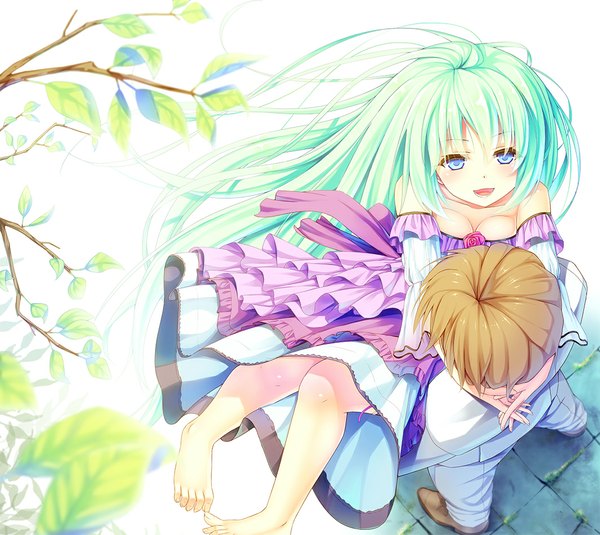 Anime picture 1065x950 with original peragura long hair blush short hair open mouth blue eyes brown hair barefoot green hair legs couple girl dress boy detached sleeves leaf (leaves)