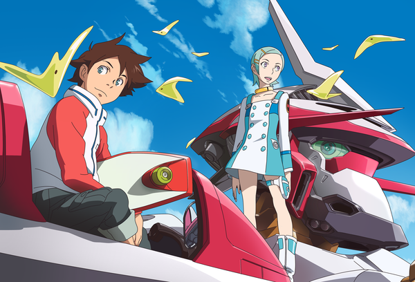 Anime picture 1369x933 with eureka seven studio bones newtype eureka renton thurston nirvash skyfish (eureka seven) short hair open mouth brown hair standing sitting purple eyes sky cloud (clouds) green hair couple girl dress boy