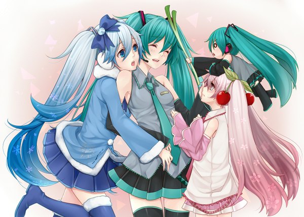 Anime picture 1450x1036 with vocaloid hatsune miku yuki miku sakura miku hachune miku yuki miku (2012) masami chie long hair blue eyes red eyes twintails multiple girls blue hair pink hair eyes closed aqua hair zettai ryouiki cherry blossoms head rest girl