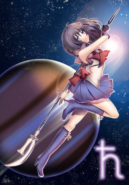 Anime picture 700x1000 with bishoujo senshi sailor moon toei animation tomoe hotaru sailor saturn suou sakura single tall image short hair black hair smile purple eyes pleated skirt fighting stance space magical girl girl skirt bow boots jewelry