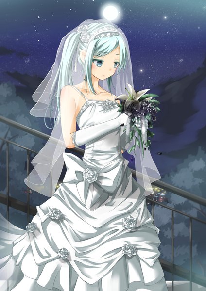 Anime picture 1654x2339 with original inudzuka ringo single long hair tall image blue eyes standing twintails bare shoulders blue hair looking away night night sky city lights wedding girl dress gloves flower (flowers) bow