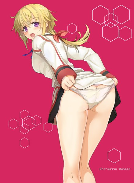 Anime picture 952x1300 with infinite stratos 8bit charles dunois hareno chiame (artist) single long hair tall image blush open mouth light erotic blonde hair ass looking back character names turning head girl skirt uniform underwear panties