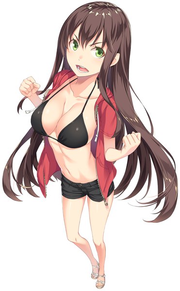Anime picture 640x1035 with original kimura (ykimu) single long hair tall image looking at viewer blush fringe breasts open mouth light erotic simple background hair between eyes brown hair standing white background green eyes full body from above frown