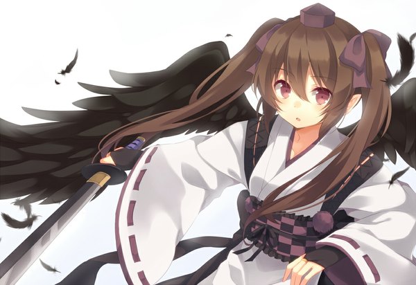 Anime picture 1020x701 with touhou himekaidou hatate marotti single long hair looking at viewer simple background red eyes brown hair white background twintails checkered kourindou tengu costume girl dress bow weapon hair bow hat sword