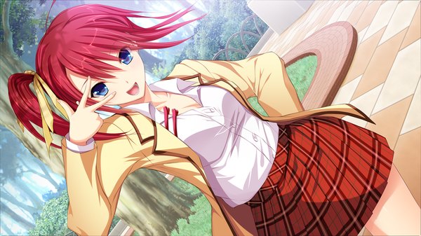 Anime picture 1280x720 with hatsukoi 1/1 tsukishima kyou koizumi amane long hair open mouth blue eyes wide image game cg ponytail red hair side ponytail girl skirt uniform ribbon (ribbons) hair ribbon school uniform miniskirt