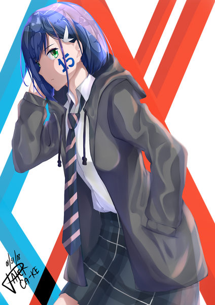 Anime picture 2480x3507 with darling in the franxx studio trigger ichigo (darling in the franxx) paperca-ke single tall image looking at viewer highres short hair standing green eyes signed blue hair leaning leaning forward facial mark adjusting hair dated plaid skirt hand in pocket