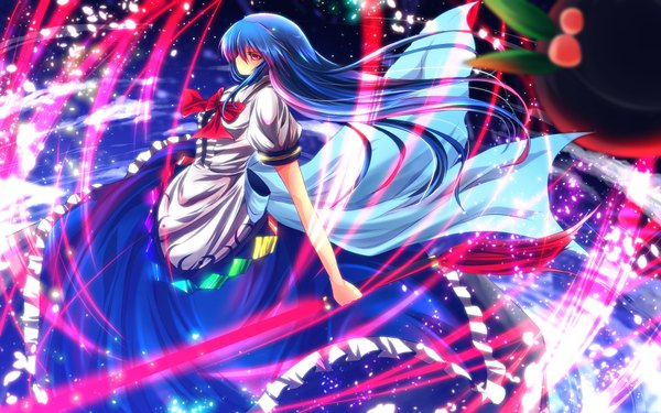 Anime picture 1920x1200 with touhou hinanawi tenshi nekominase single long hair highres red eyes wide image blue hair girl dress bow weapon hat sword hisou no tsurugi